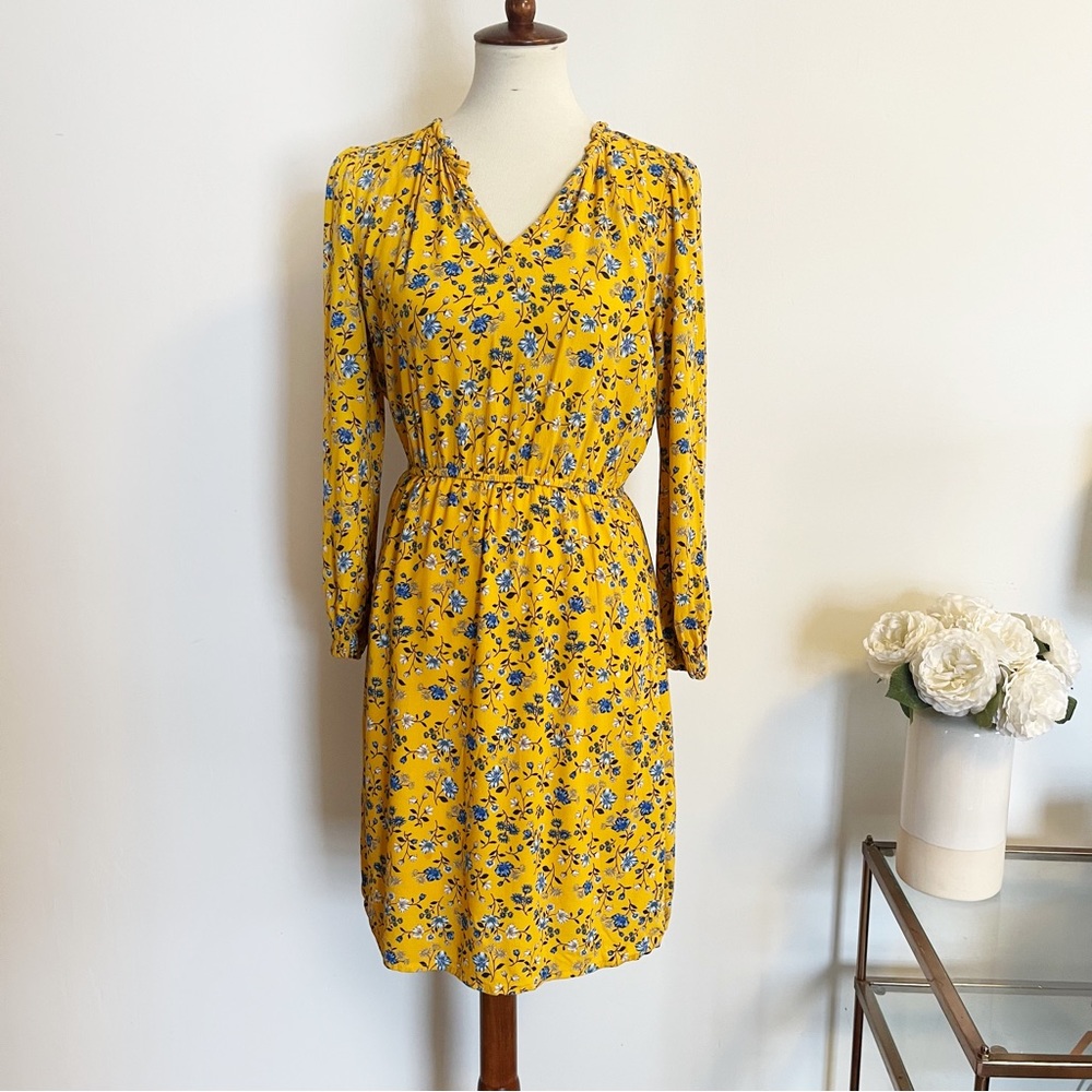 Old Navy floral long sleeve V neck blouse style dress mustard yellow size XS